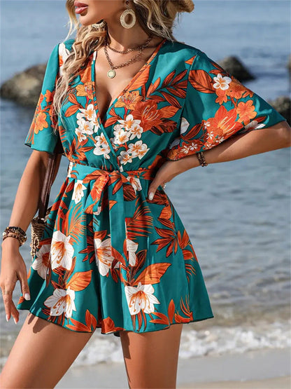 Women Casual Vacation Printed V-Neck Rompers