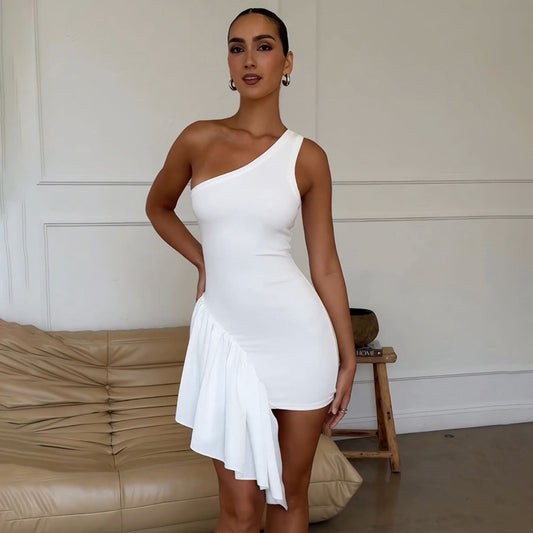 Women Sexy Solid Color Slant Shouldered Ruffle Dress