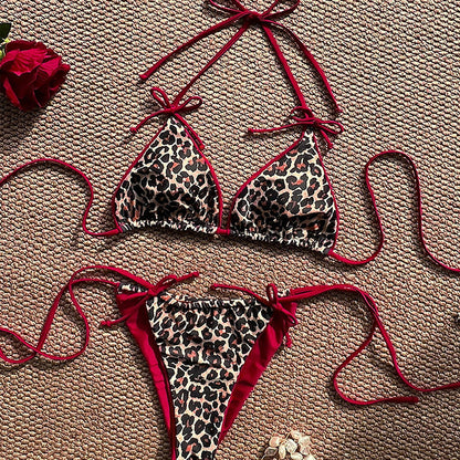 Maillot de bain bikini à lacets et blocs de couleurs léopard sexy pour femmes