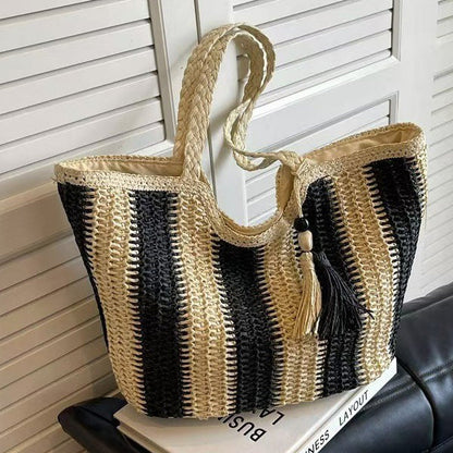 Women Fashion Stripe Straw Woven Beach Tote Bag