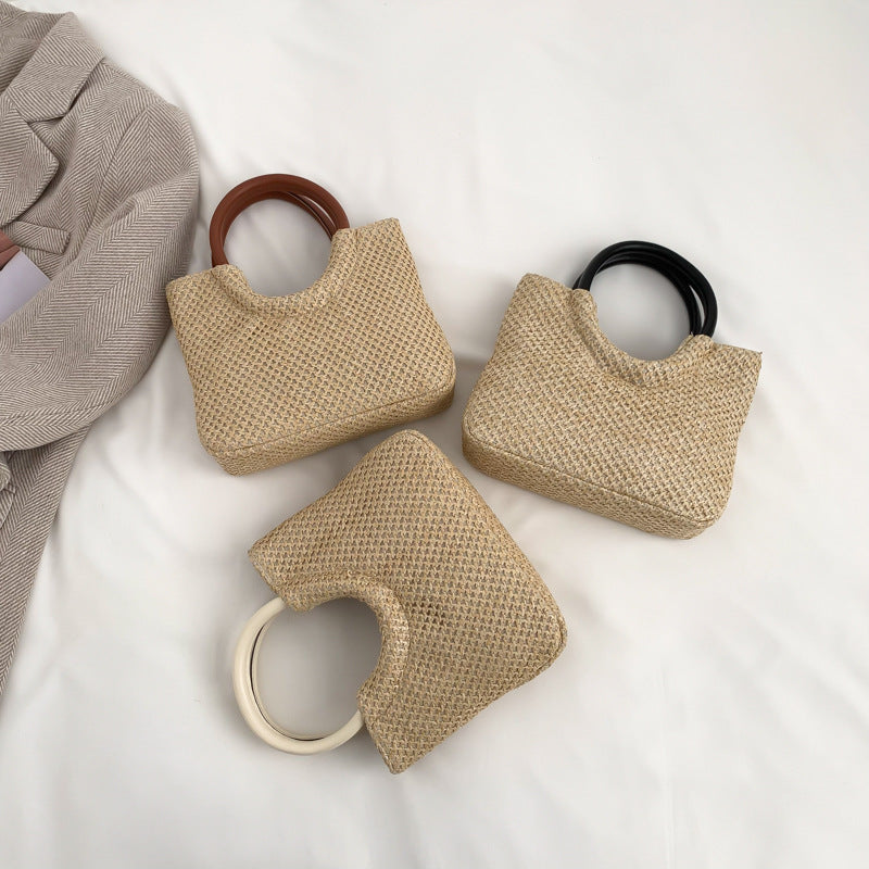 Bolso circular tejido de paja informal de moda para mujer con estilo artístico