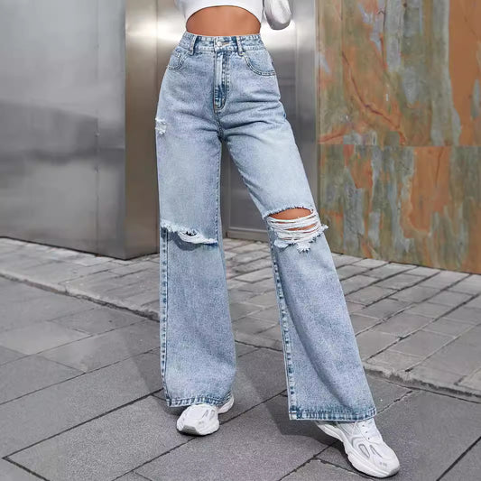 Women Casual High Waist Wide Leg Ripped Denim Pants
