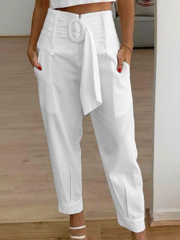 Pantalones casuales de lino con estampado floral de color liso de verano para mujer