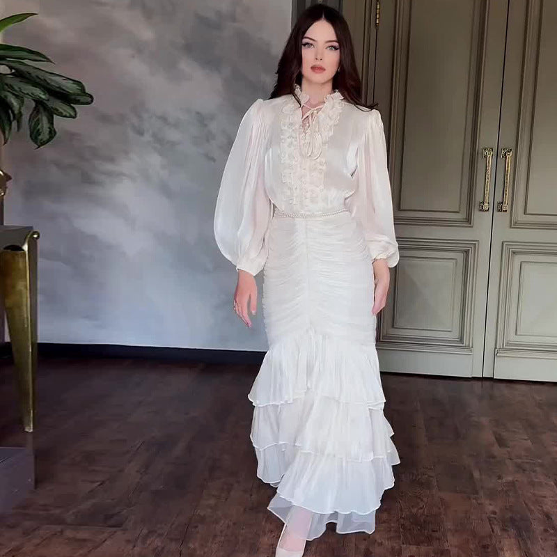 Women Elegant Solid Color Long Sleeve Ruffled Maxi Dress