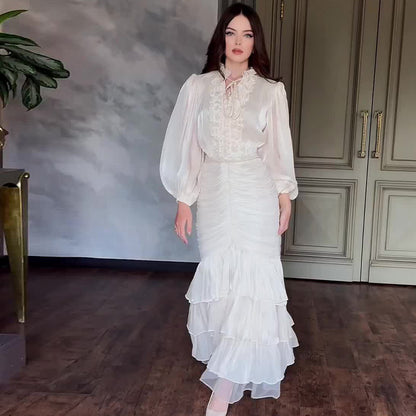 Women Elegant Solid Color Long Sleeve Ruffled Maxi Dress