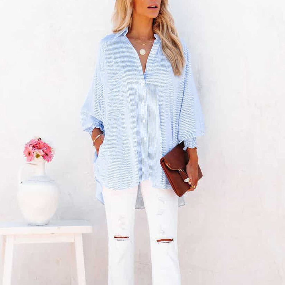 Blusa informal de manga larga con solapa y rayas para mujer