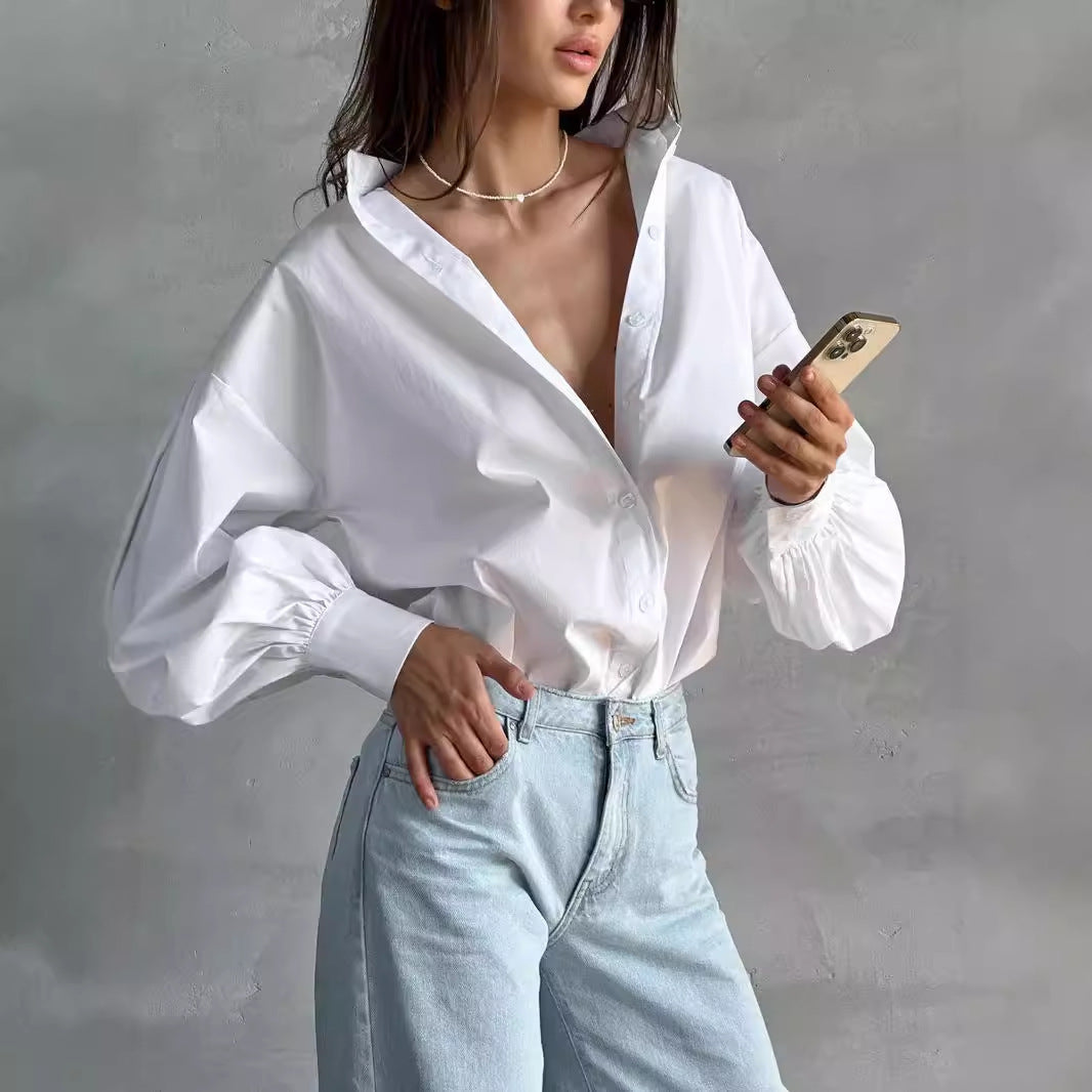 Women Casual Cotton Lantern Sleeve Blouse