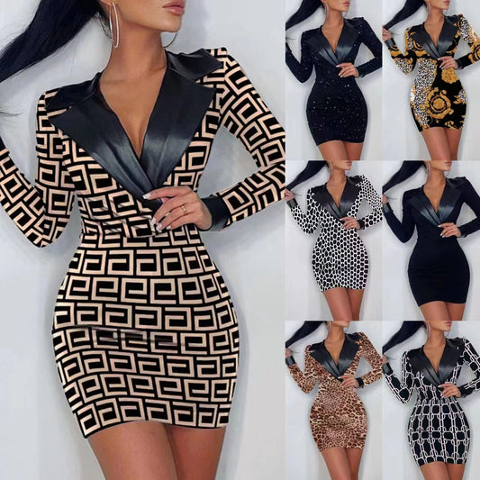 Women Fashion Sexy Deep V Chain Leopard Dress