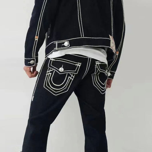 Men Casual Fashion Thick Line Straight Jeans