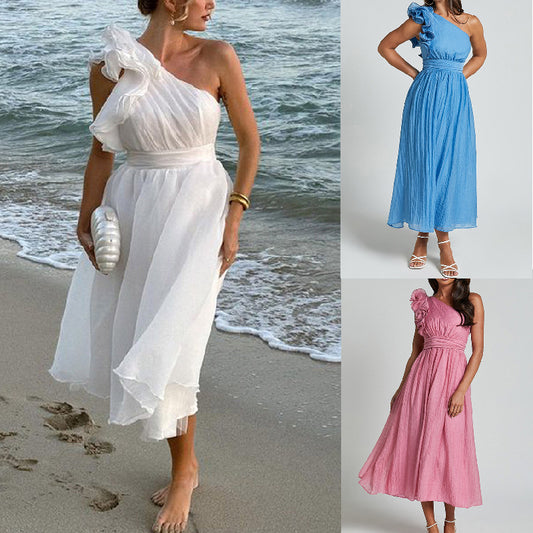 Women Fashion Solid Color Shoulder Backless Dress