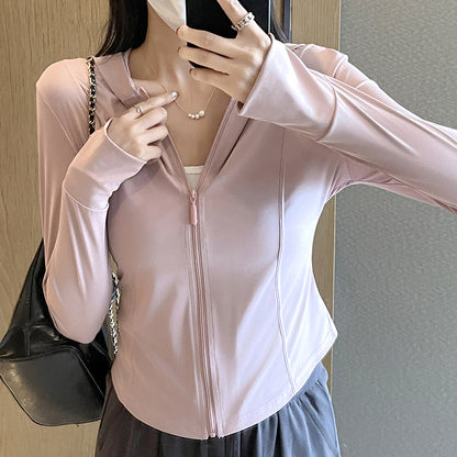 Chaqueta con capucha y cremallera de poliéster de color sólido informal para mujer