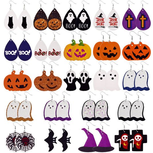 Halloween Women Funny Pumpkin Ghost Leather Earrings
