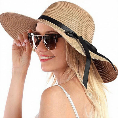 Sombrero de paja informal para mujer con borde grande y diseño plegable