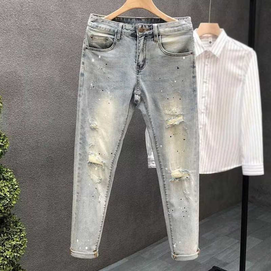 Jean déchiré taille haute coupe droite pour homme, style décontracté, grande taille