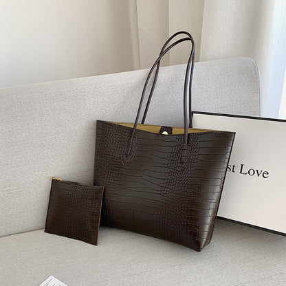 Simple Solid Color Crocodile Print Large Capacity Tote Bag