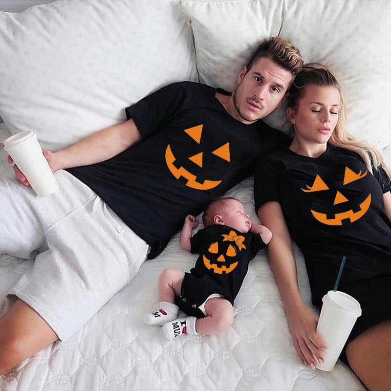 Camiseta de algodón con expresión de calabaza para la familia de Halloween