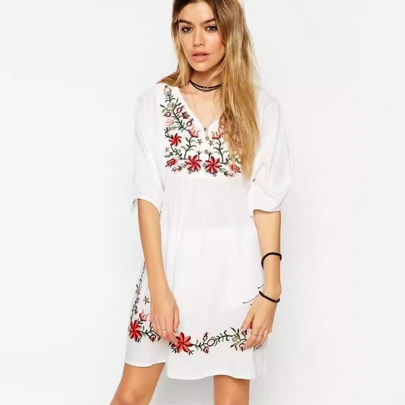Women Casual Boho Floral Embroidered V-Neck Short-Sleeve Dress