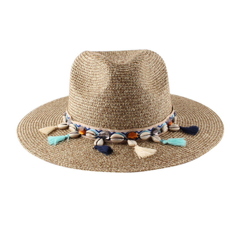 Sombrero bohemio de paja tejida de verano para mujer con borlas