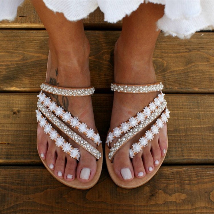 Plus Size Bohemian Pearl Flat Slippers with Round Toe