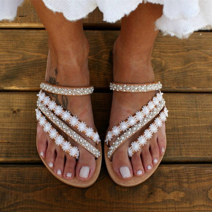 Plus Size Bohemian Pearl Flat Slippers with Round Toe