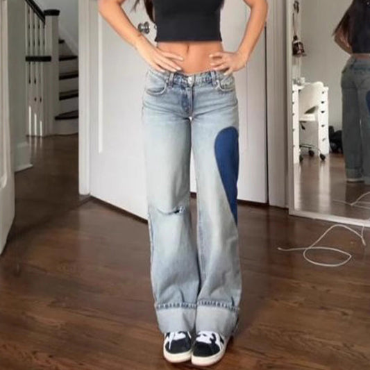 Women Fashion Casual Side Seam Heart Low Waist Straight Jeans