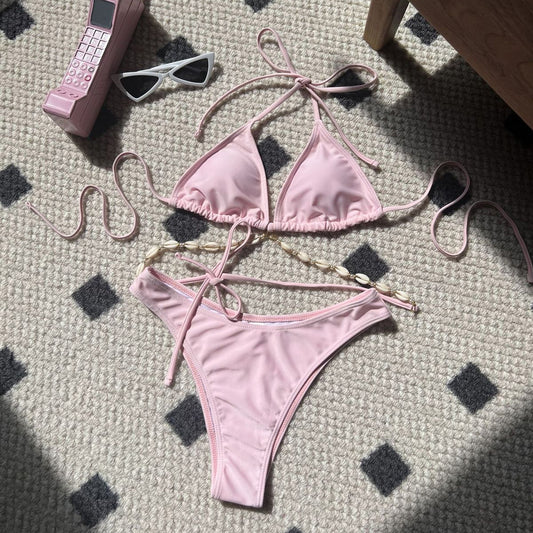 Women Fashion Sexy Solid Color Shell Chain Halter-Neck Bikini Swimsuit