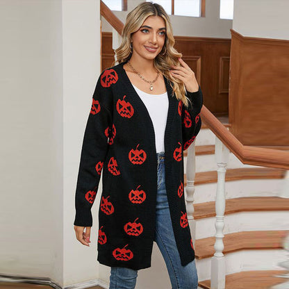 Pull cardigan jacquard citrouille d'Halloween pour femme