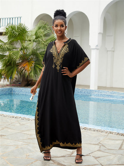 Vestido playero bohemio informal con cuello en V bordado para mujer