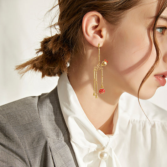 Halloween Enameled Pumpkin Skull Drop Earrings