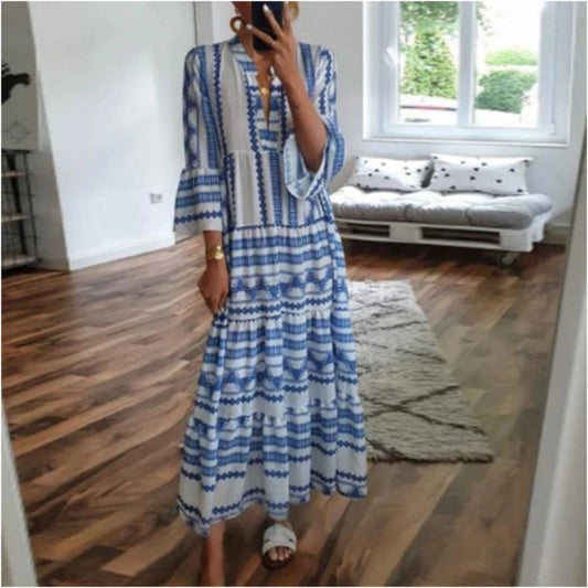 Women Fashion Casual Boho Geometric Print Maxi Dress