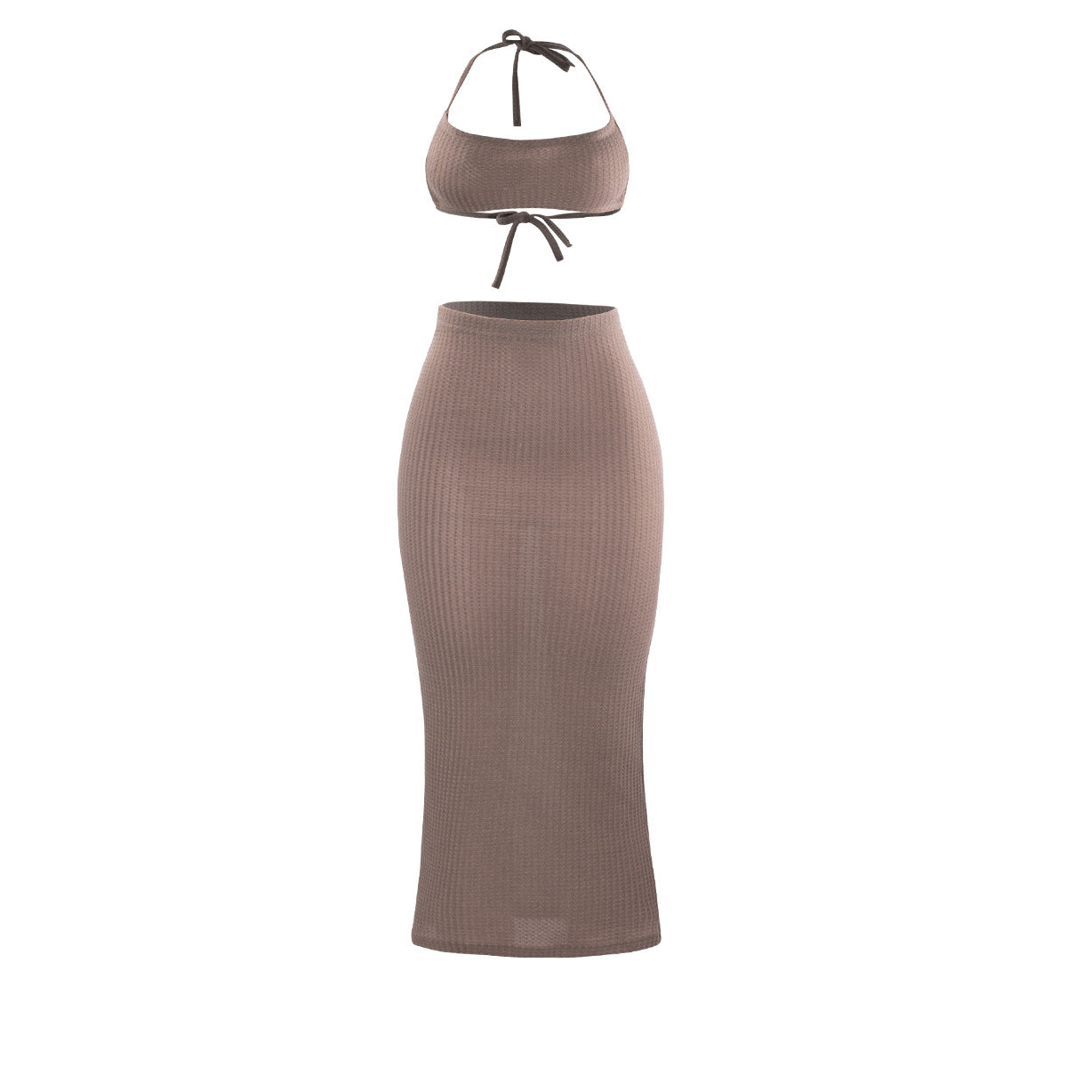Women Fashion Waffle Crop Top and High Waist Skirt Set