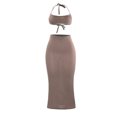 Women Fashion Waffle Crop Top and High Waist Skirt Set