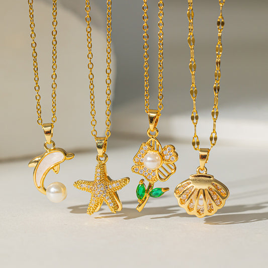Collar de estrella de mar con perla y circonita para mujer con colgante de cobre