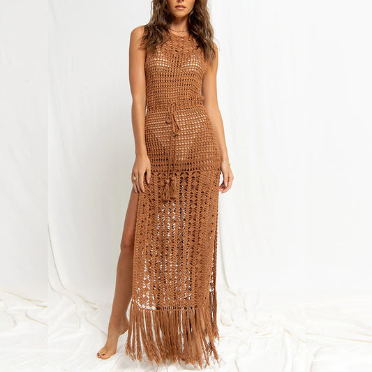Vestido playero ahuecado con borlas de color liso a la moda para mujer
