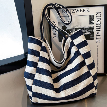 Sac fourre-tout simple et décontracté en toile à rayures de grande capacité