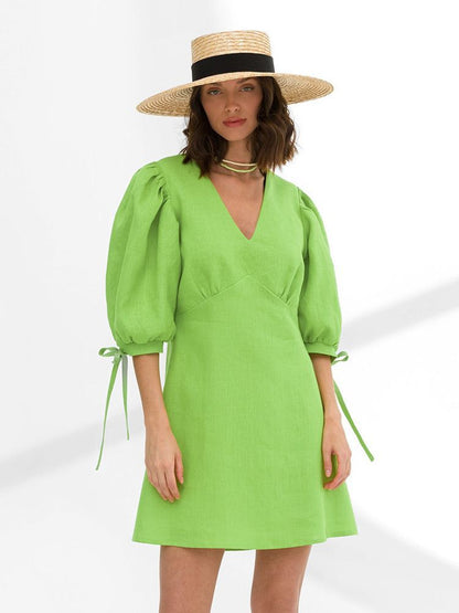 Vestido informal de lino y algodón de color liso para mujer