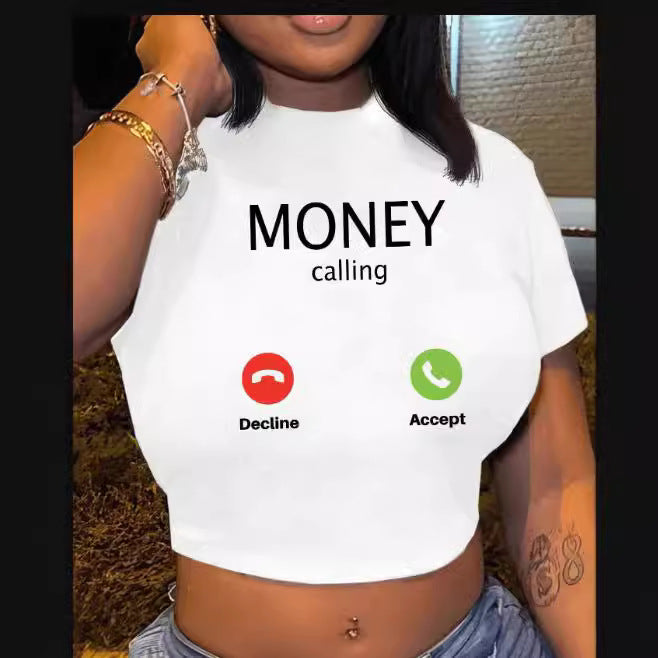 Women Fashion Sexy Printed Short Sleeve Crop Top in Black and White