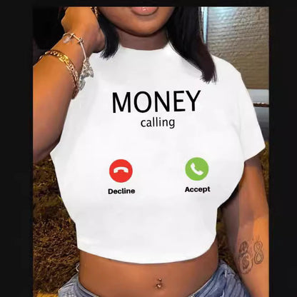 Women Fashion Sexy Printed Short Sleeve Crop Top in Black and White