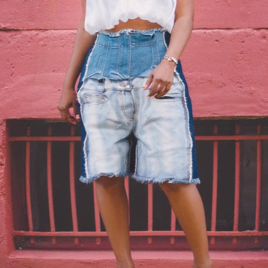 Women Casual High Waist Denim Shorts with Stitching