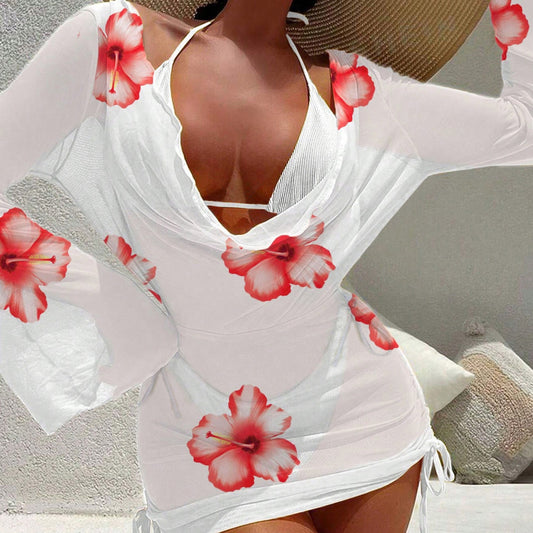 Women Fashion Sexy Floral Printed Bikini Cover-Up Set