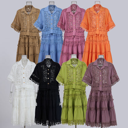 Vintage Palace Style Lapel Embroidered Lace Shirt Skirt Set