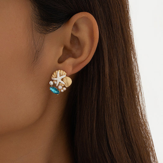 Women Fashion Vacation Glass Gem Starfish Shell Pearl Earrings - Gold Silver