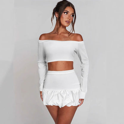 Women Fashion Solid Color Shoulder Long Sleeve Top And Skirt Two-Piece Set