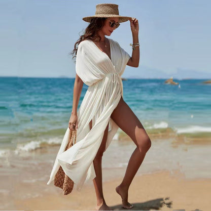 Women Fashion Sexy Cotton Solid Color Backless Swimsuit Cover-Up