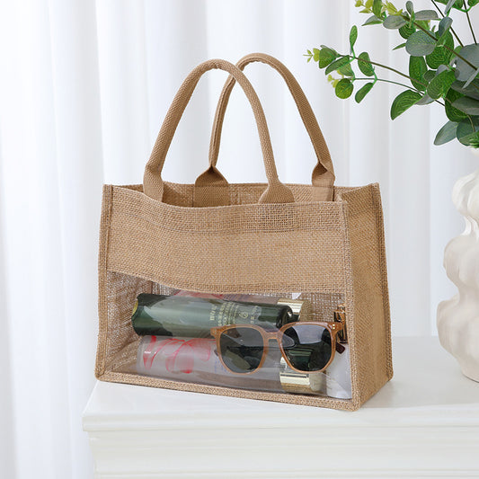 Bolso de mano informal de lino y yute con retazos de PVC para mujer