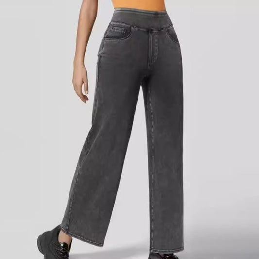 Women Fashion Casual Solid Color High Waist Wide Leg Jeans