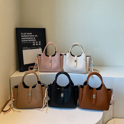 Sac à main seau décontracté de couleur unie pour femme avec motif litchi