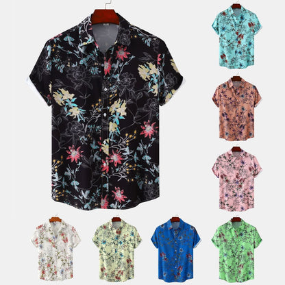 Men Summer Leisure Vacation 3D Tiny Flower Print Short Sleeve Lapel Shirt