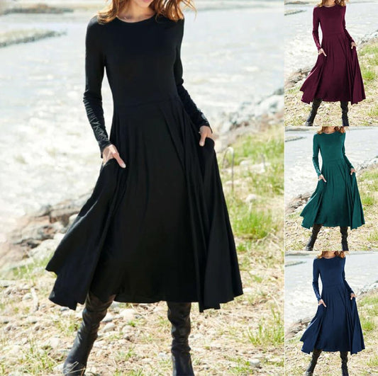 Vestido casual de manga larga con cuello redondo y color liso para mujer