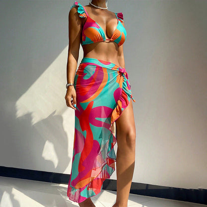 Traje de baño sexy con estampado multicolor para mujer, conjunto de tres piezas